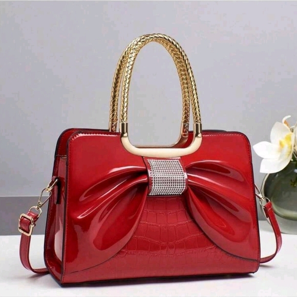 The Unbranded Brand Handbags - Elegant Red Bow Accent Women's Handbag with Gold Handles